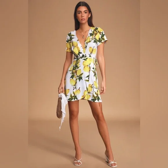 Dresses Lulus A La Tart White And Yellow Lemon Print Wrap Dress Poshmark
